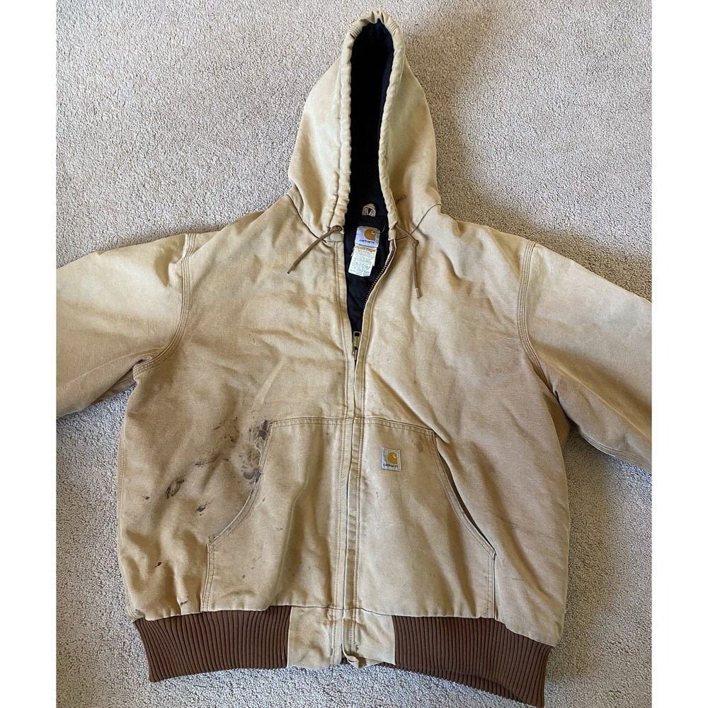 Vintage Carhartt Jacket J140 BRN Hood Quilted Logo XL  Work Coat USA Made